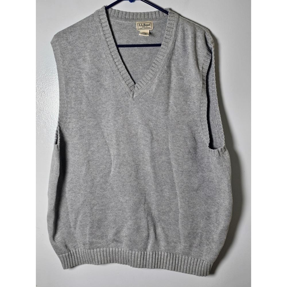 LL Bean Mens Size XL Gray 100% Cotton V-Neck Knit Sweater Vest